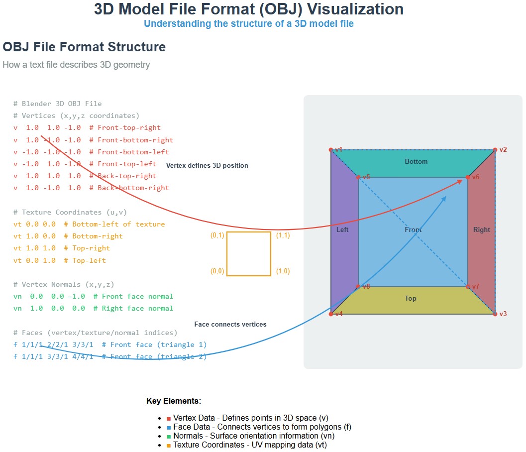 Visualization of the obj file format - minimal working code on left and the model on the right.