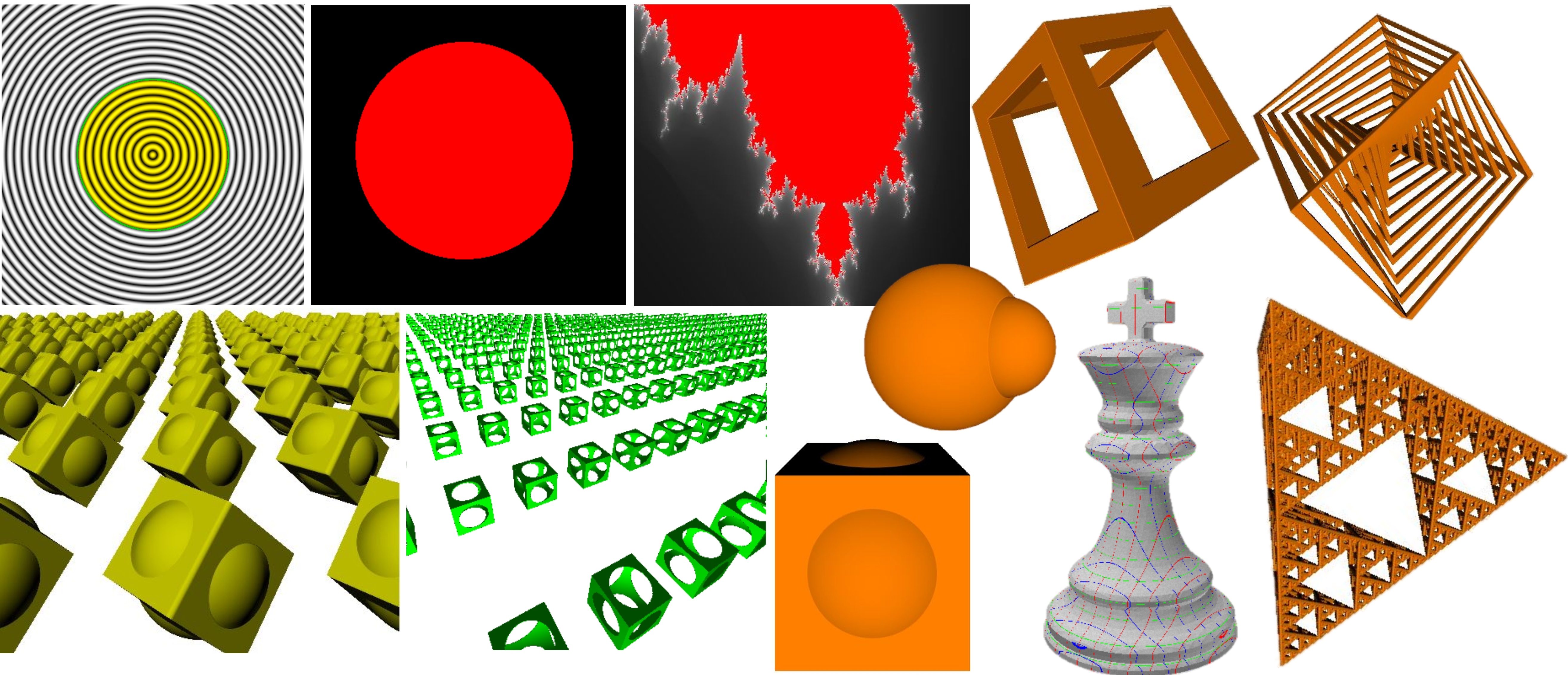 Construct geometry and repeating patterns (fractals) using signed distance functions (sdf).