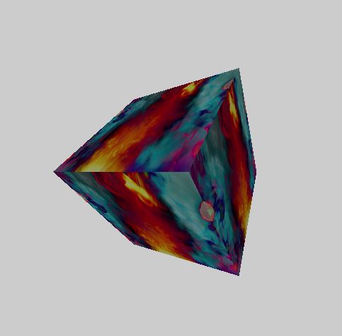 Screenshot of the output from the Example - showing an animated video getting mapped in real-time to the texture (burning cube).